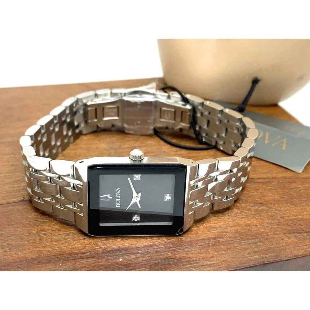 Bulova Women's Watch 96P202 Quartz Black Dial Diamond Quadra Silver Steel CHIP